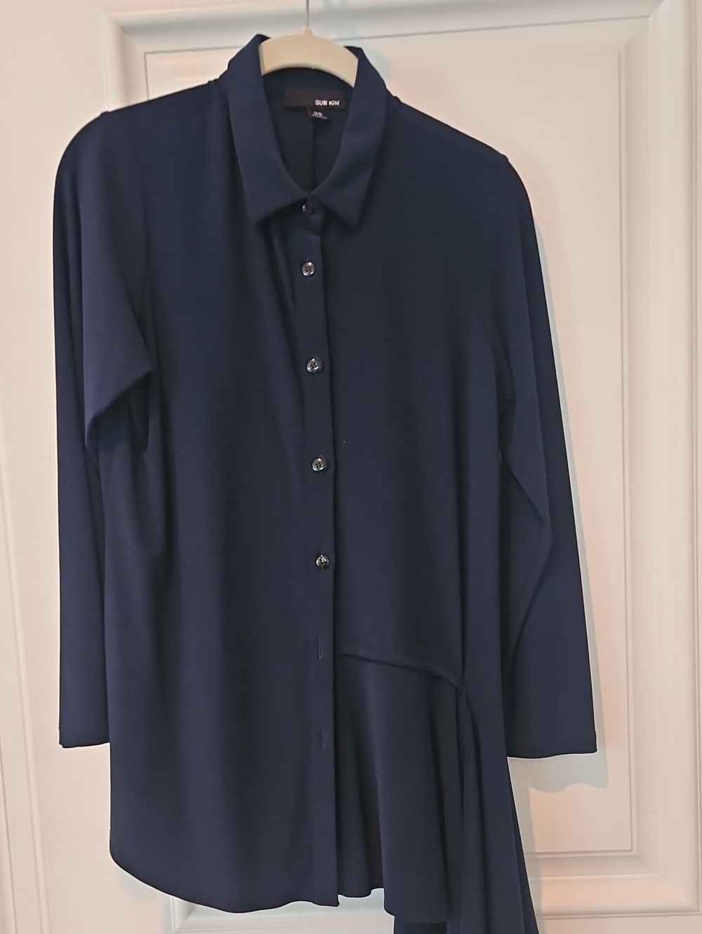 Sun Kim Navy Button-Front Draped Blouse